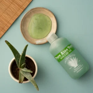 Bottle of Aruba Aloe Pure Aloe Gel along small aloe plant photographed from above